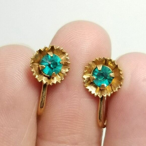 Vintage Gold Filled Blue Green Rhinestone B+N Signed Clip On Screw Back Earrings - Picture 1 of 7